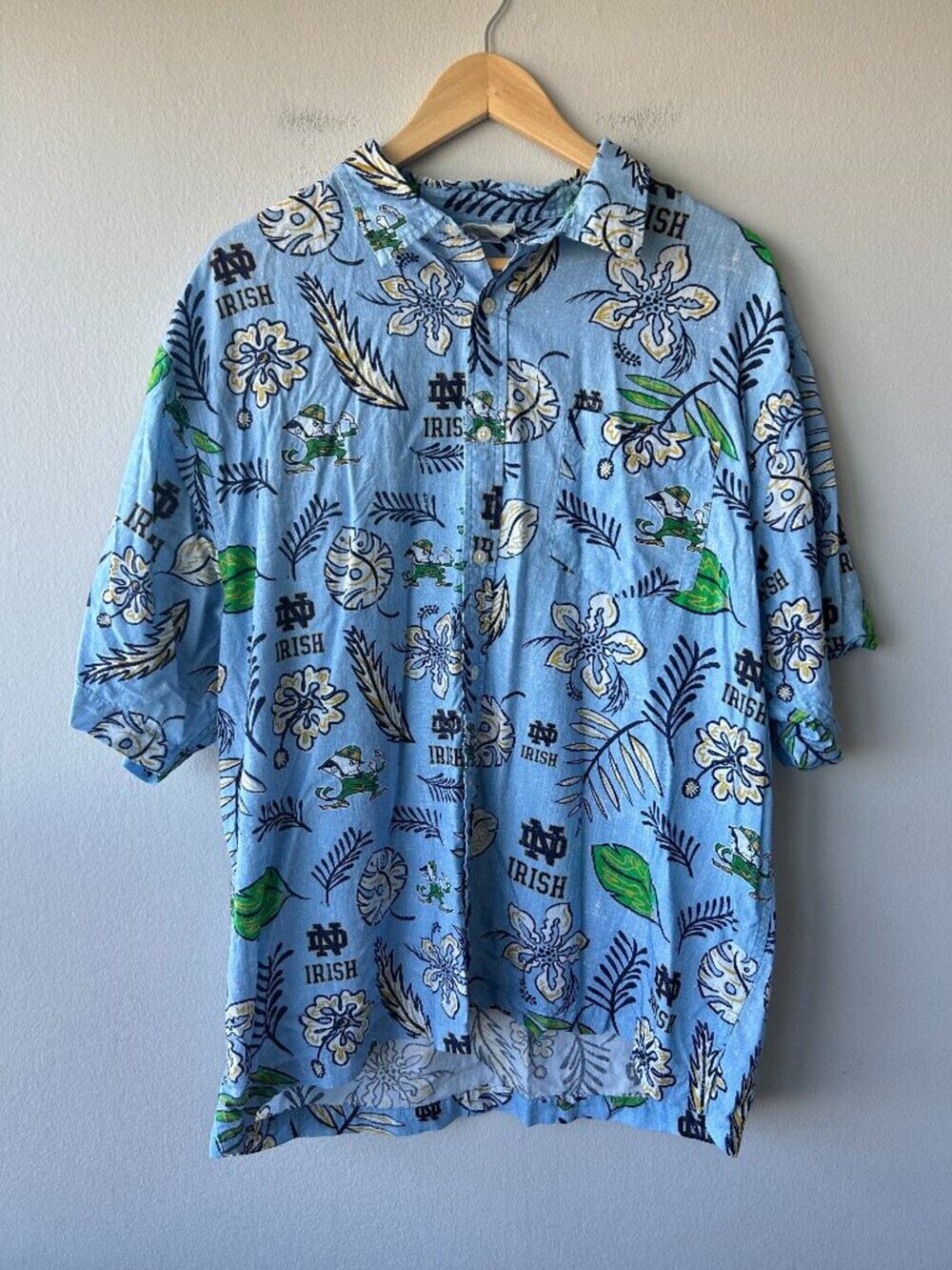 Wes & Willy Notre Dame Fighting Irish Hawaiian Floral Button Up Shirt Blue XXL